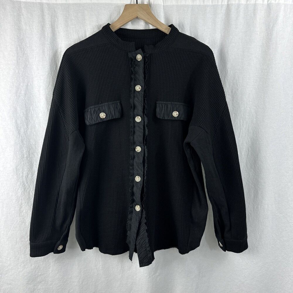 Chouyatou Black Waffleknit Oversized Button Up Shirt Jacket Lounge Womens L